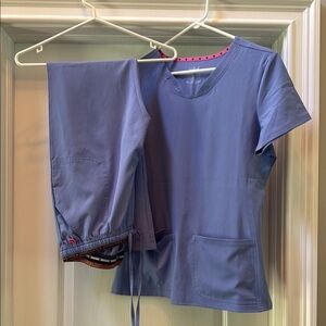 Heart Soul Periwinkle Scrub Set with Pink Trim